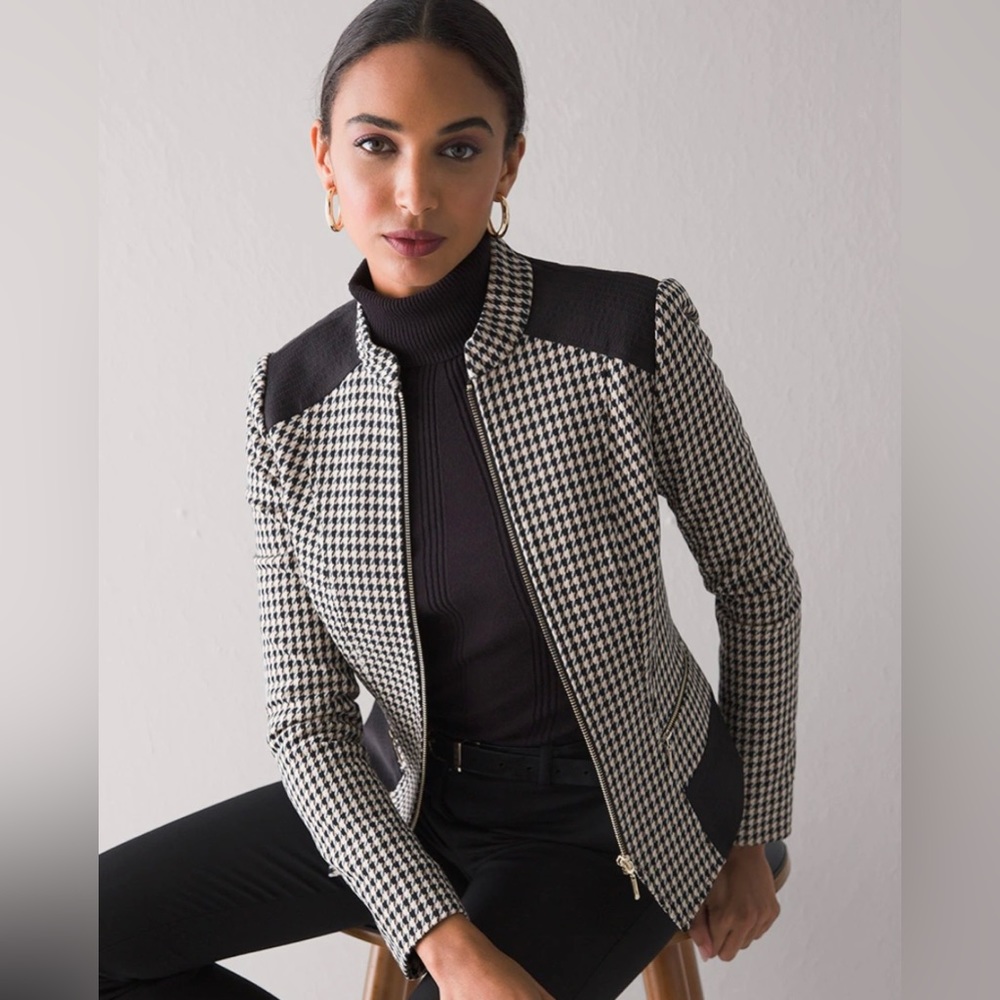 White House Black Market Hounds Tooth Gold Zipper Jacket Blazer
